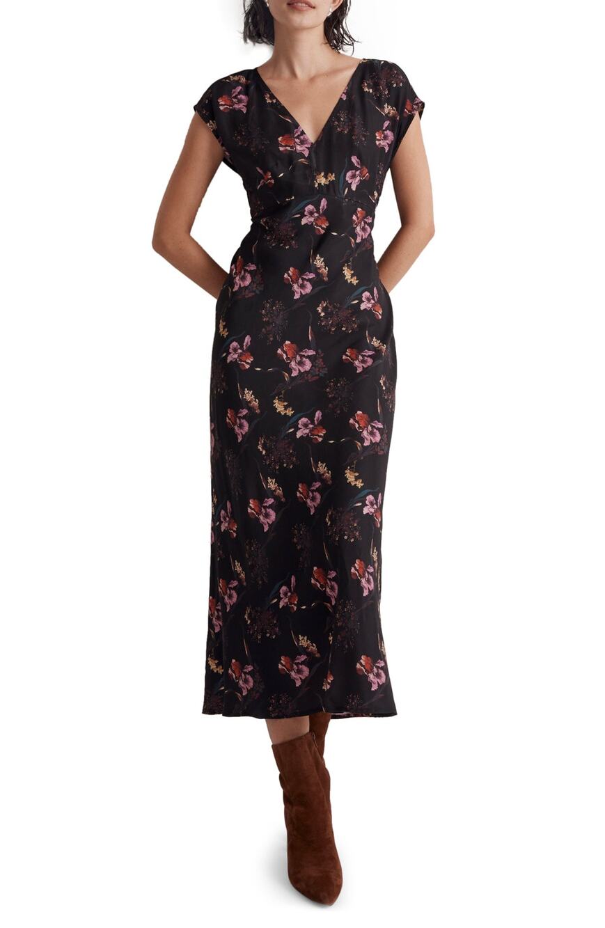 Madewell Elegant Black Floral V-Neck Midi Dress Size 8